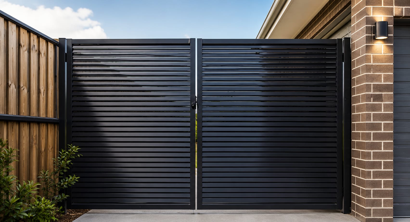 Black aluminium louvre double gates closed across a driveway between a timber paling fence and a brick pier